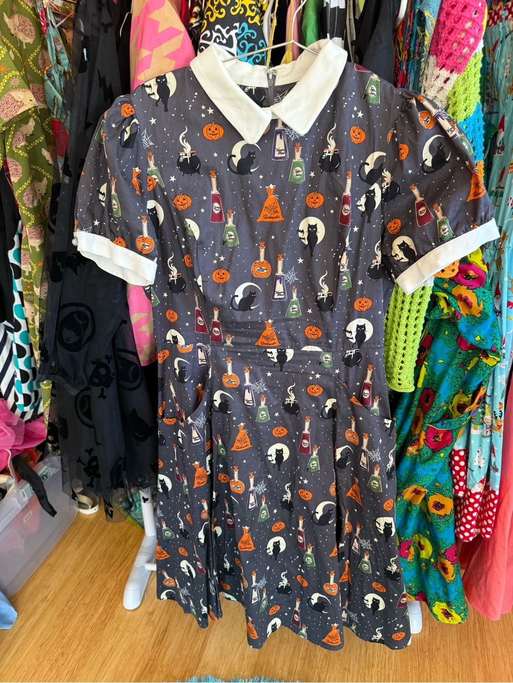 Collectif Halloween Print Peter Pan Collar Dress in Gray & Orange